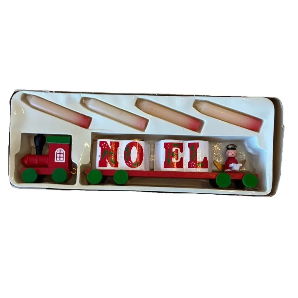 Vintage 80s Christmas Wooden TRAIN Candles Noel Angel Holiday In Original Box